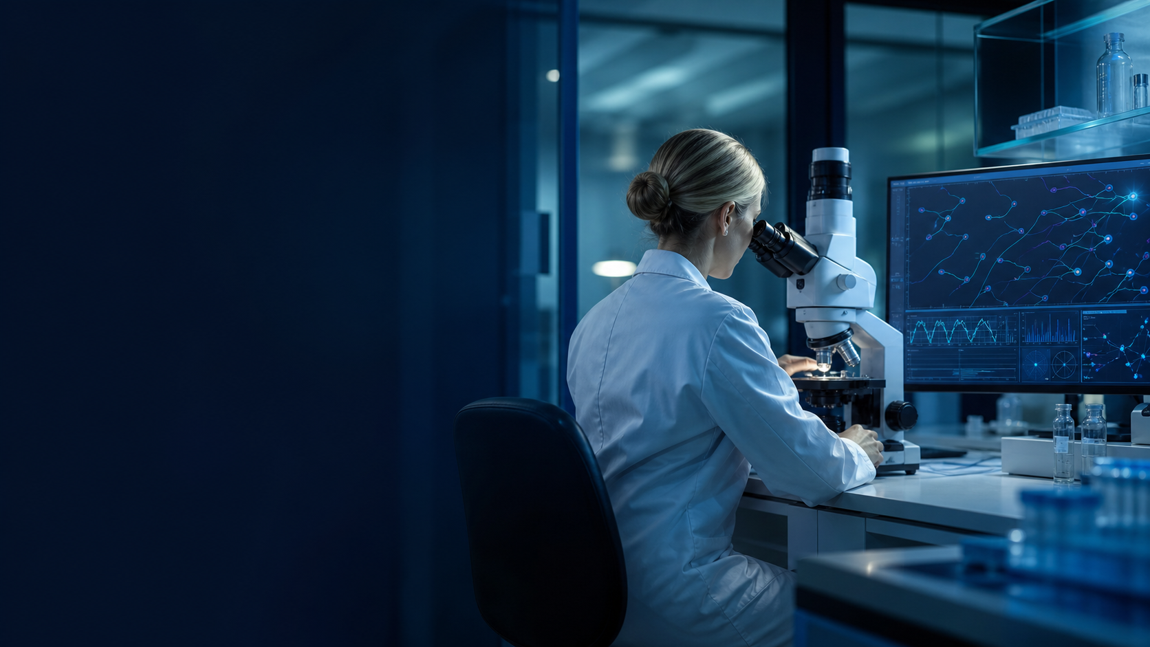 Laboratory scientist using a microscope and CASA analysis workstation